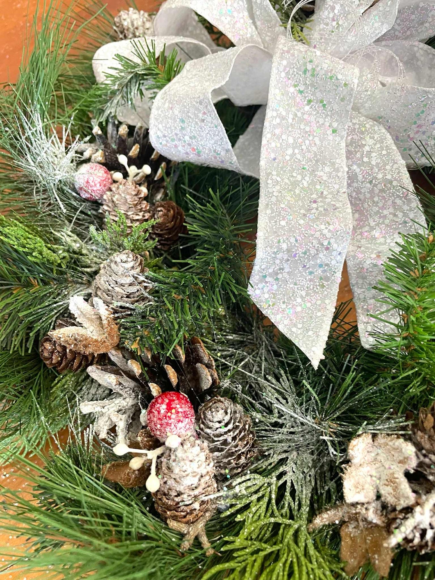 Medium Christmas Wreath - White Sparkle Bow