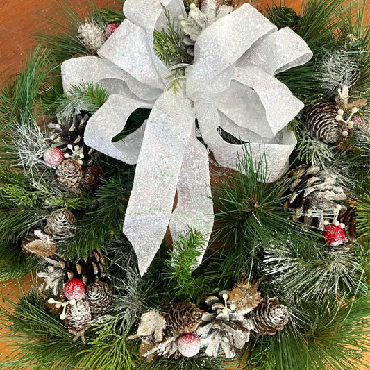 Medium Christmas Wreath - White Sparkle Bow