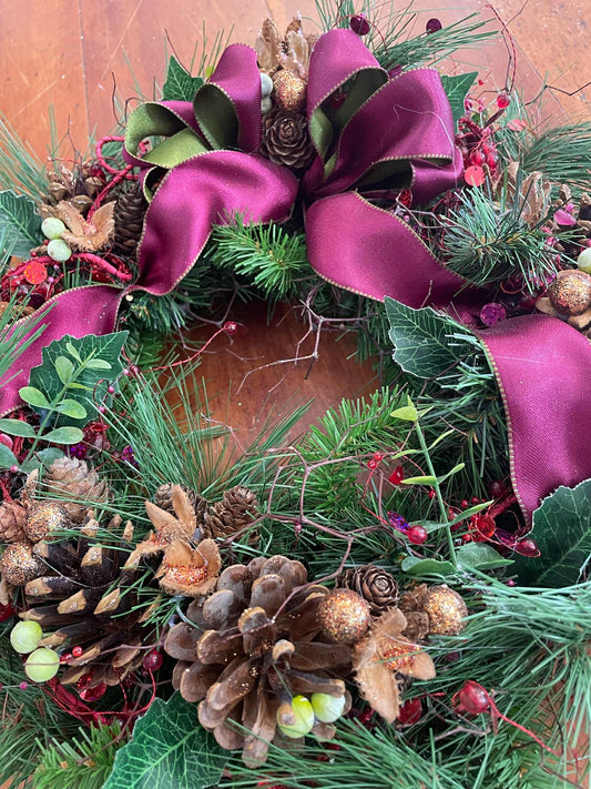 Medium Christmas Wreath - Burgandy Satin Bow